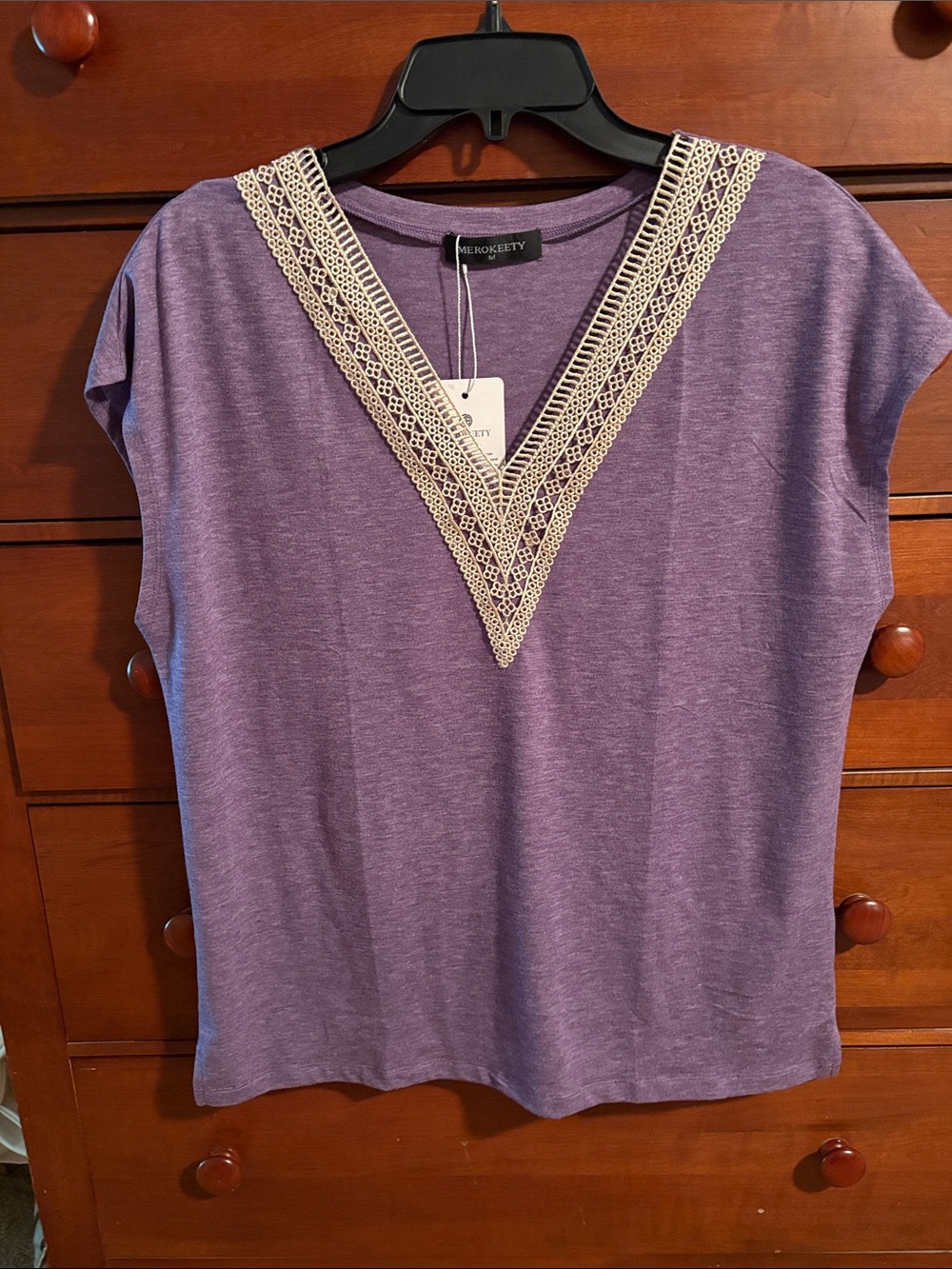 Women’s Purple V-Neck Tee with Cream Crochet Trim
